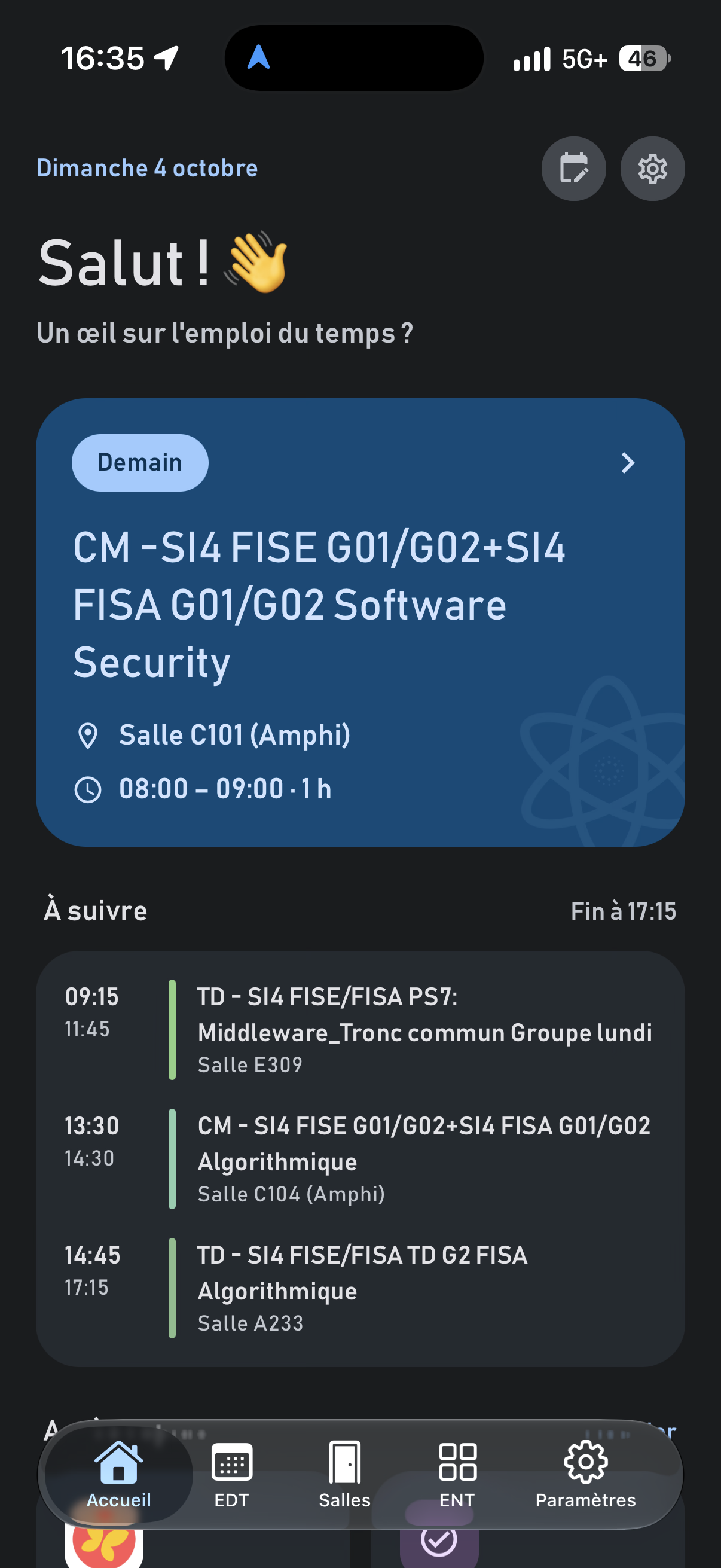 Écran d'accueil de UniceNotes : Salut ! 👋, Prochain Cours et cours à suivre